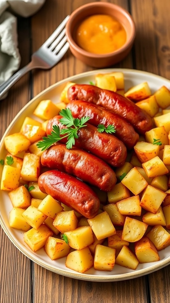 Air Fryer Kielbasa and Potatoes Recipe Air fryer kielbasa and potatoes with parsley garnish on a rustic table.